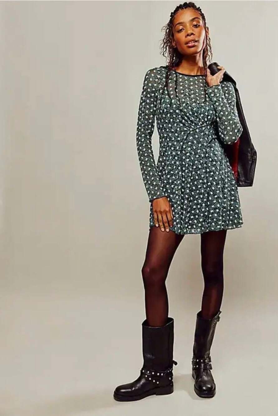 Free People Sheer Delight Green Lace Open Back Mini Dress Topiary Combo - Picture 1 of 6